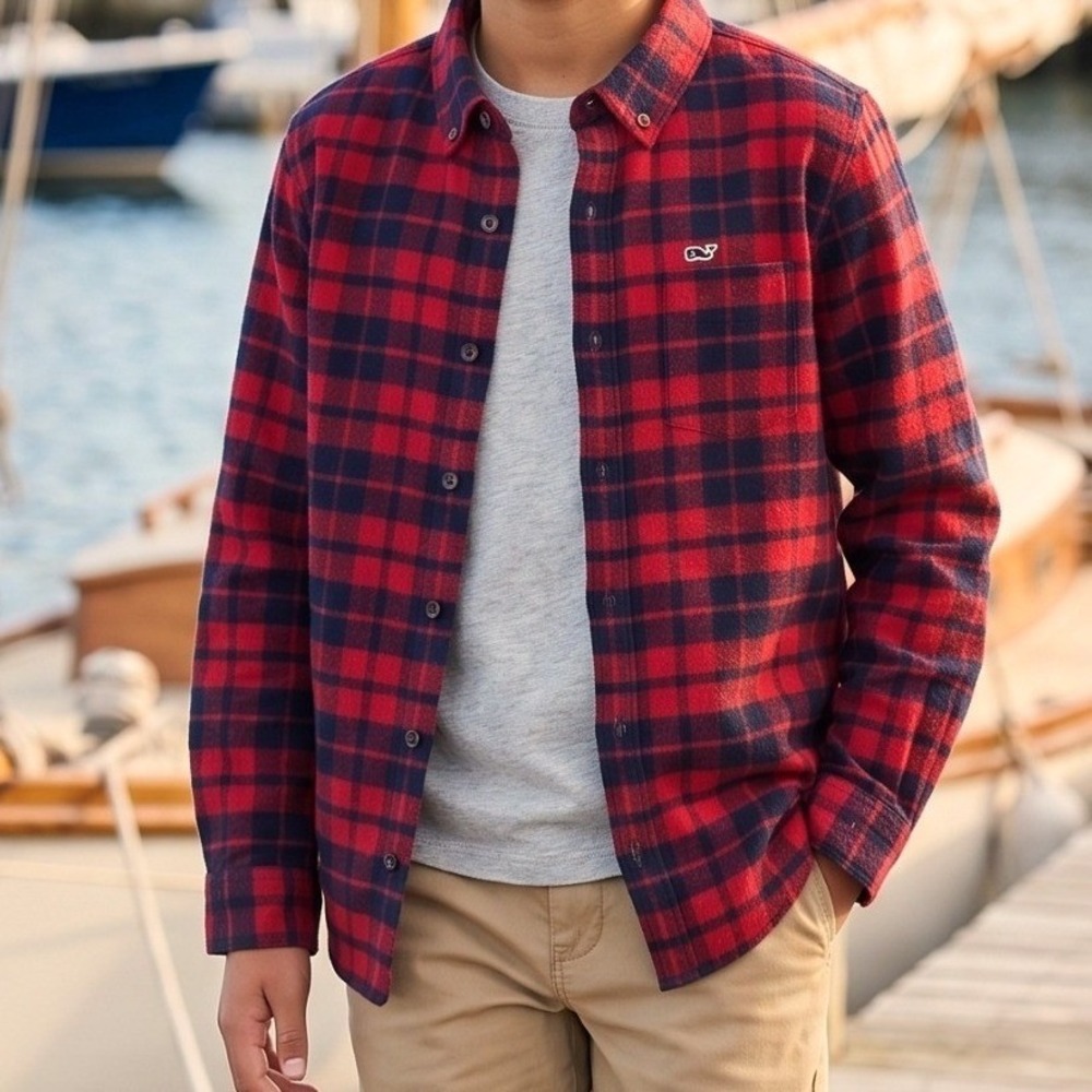 Vineyard Vines Boys M/12-14 Red Navy Plaid Button Down Flannel Shirt NWOT